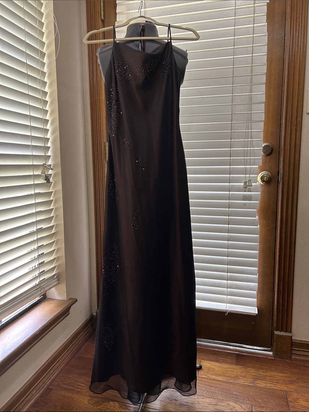 Betsy & Adam by Linda Bernell Brown Beaded Slip Maxi Dress size 6 cowl neck